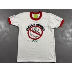 Vintage USCI Plaque Busters Shirt Mens Medium White Red Ringer Made USA 80s